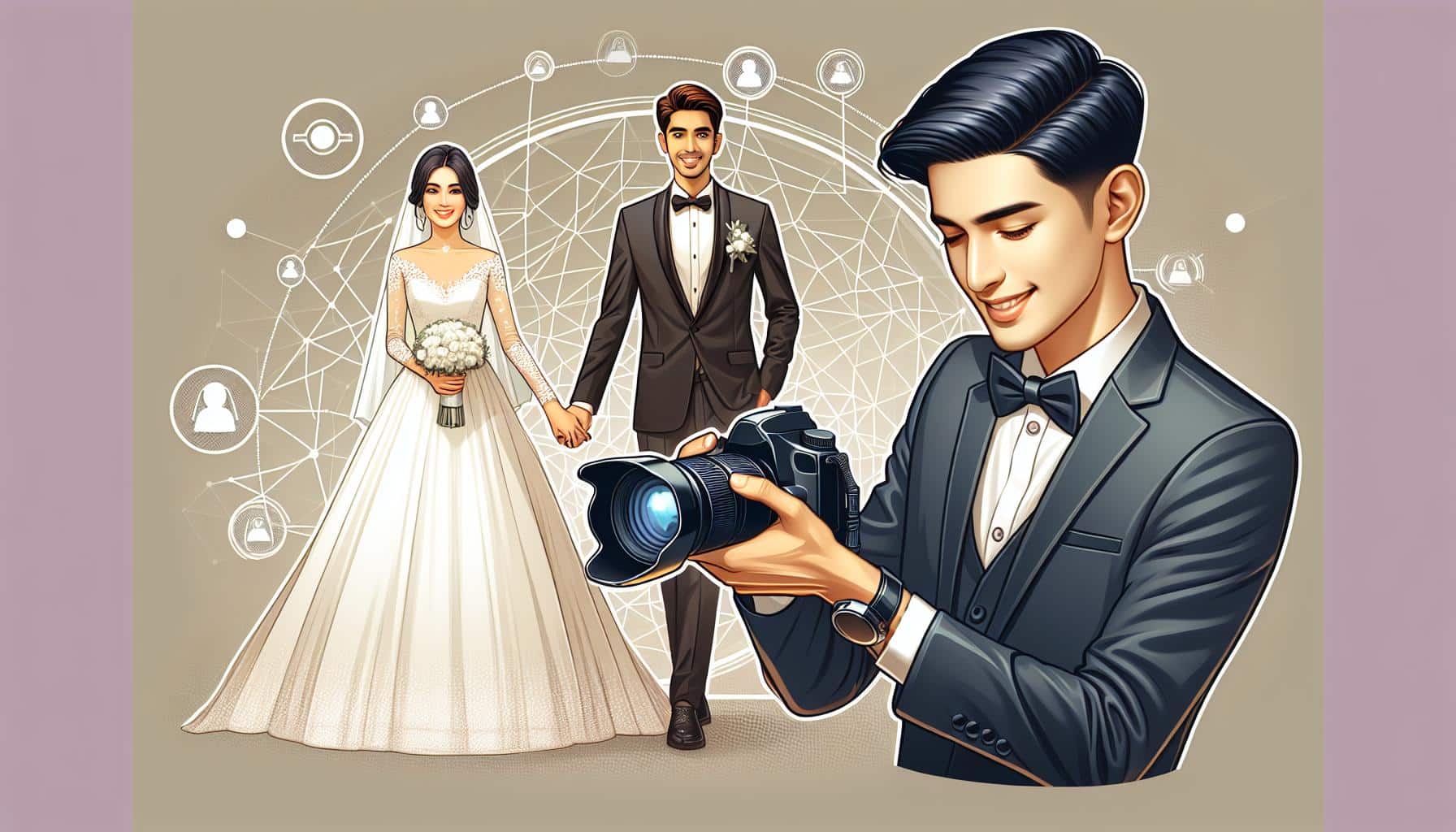 Stylized illustration of a photographer in a suit taking a photo, with a focus on a smiling bride and groom in the background, all against an abstract network graphic connecting various wedding-related icons.