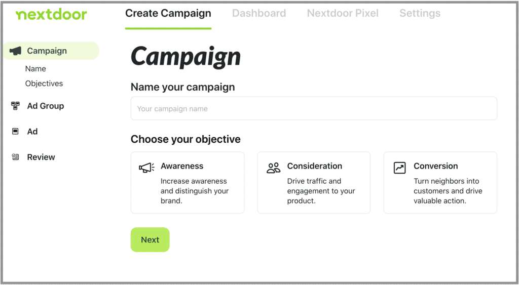 A screenshot of where to run a Nextdoor Campaign
